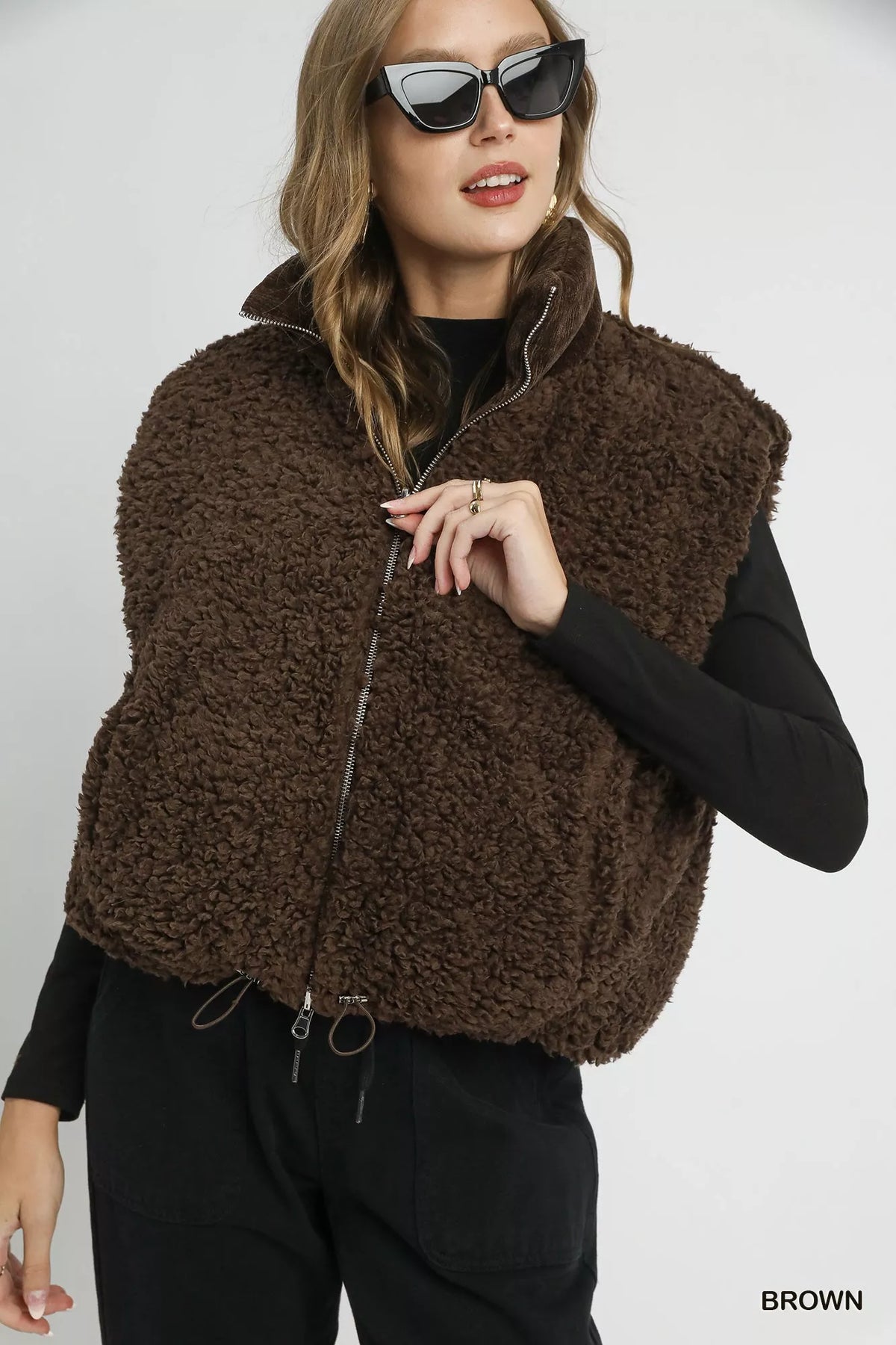 Umgee Sherpa-Lined Zip Vest with Drawstring Hem - Lilixa.store