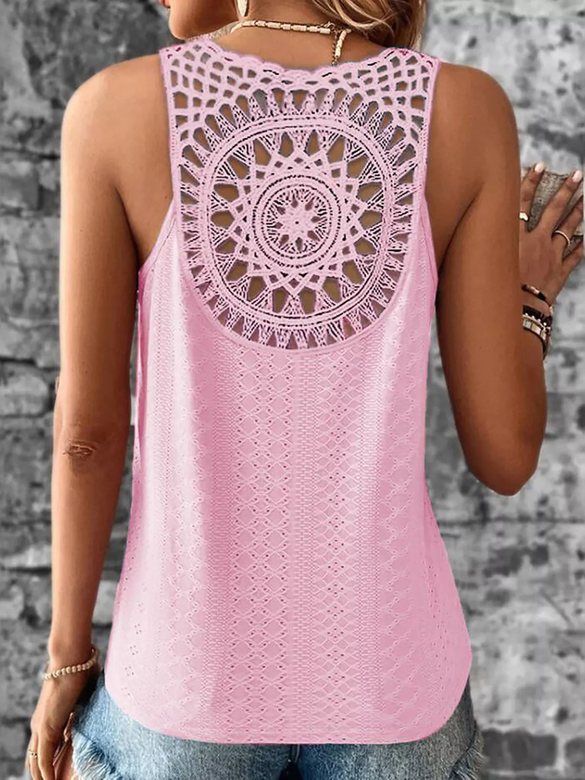 Eyelet Lace Trim V-Neck Tank Top - Lilixa.store