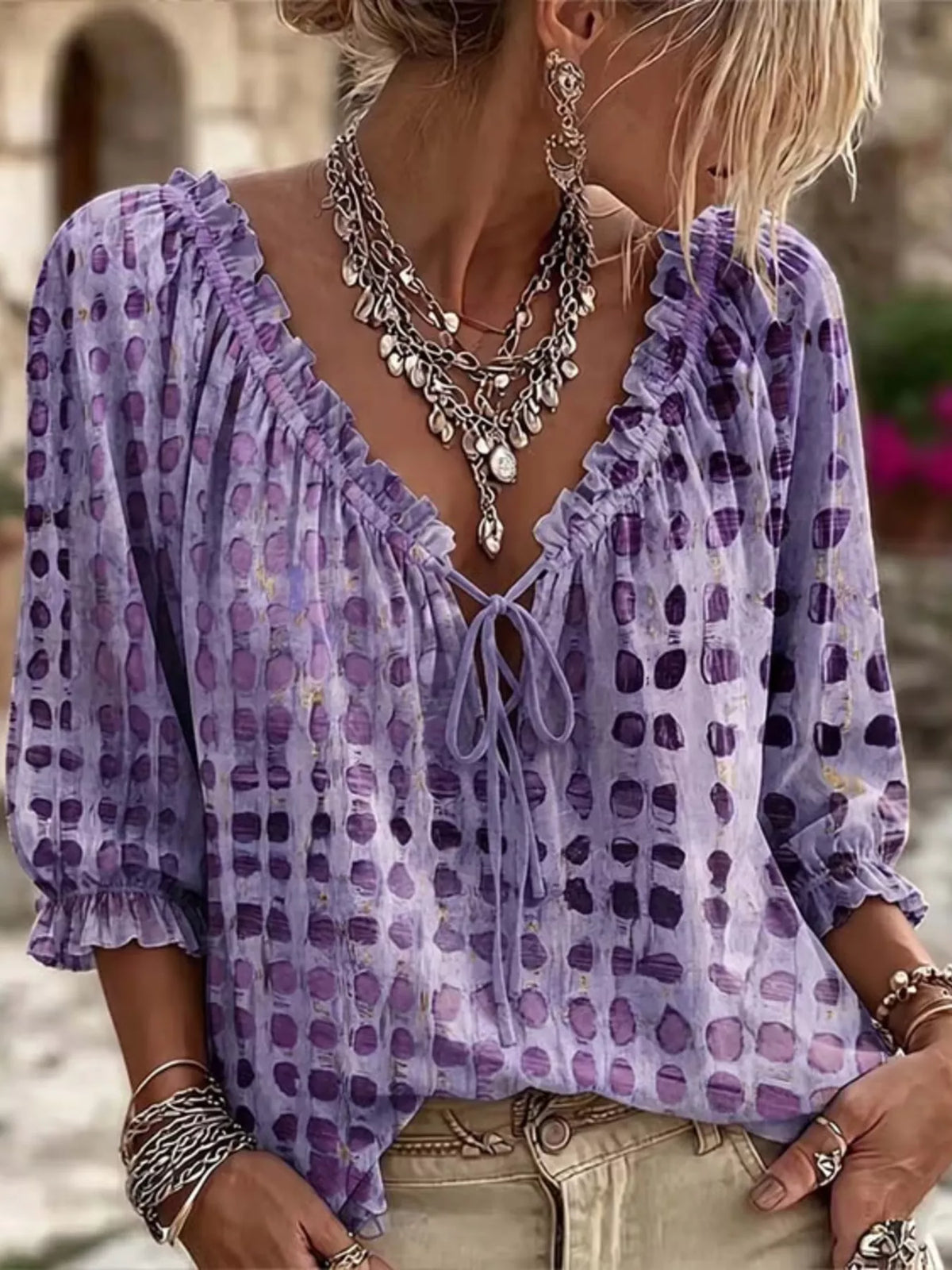 Full Size Tie Neck 3/4 Sleeve Blouse Plus Size - Lilixa.store