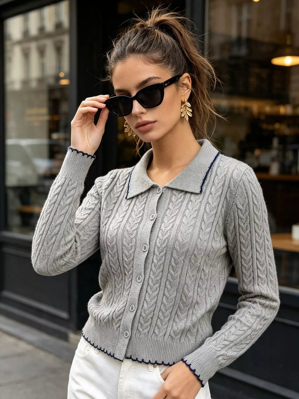 Cable Knit Polo Collar Button-Up Cardigan in Gray