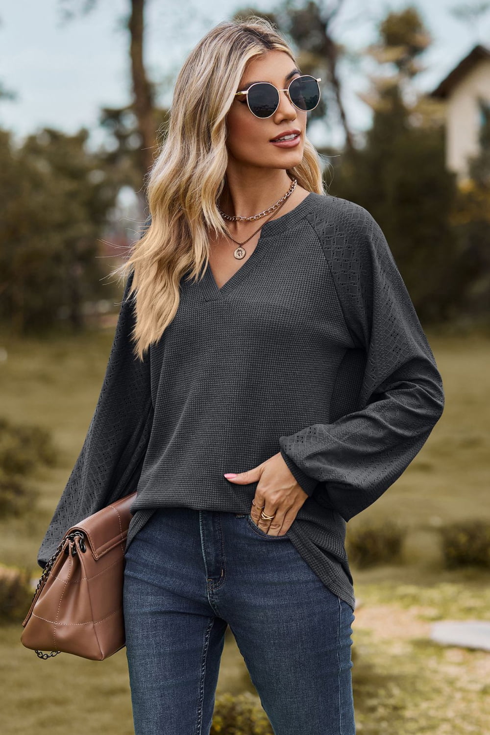 Notched Neck Raglan Sleeve Blouse, view 11