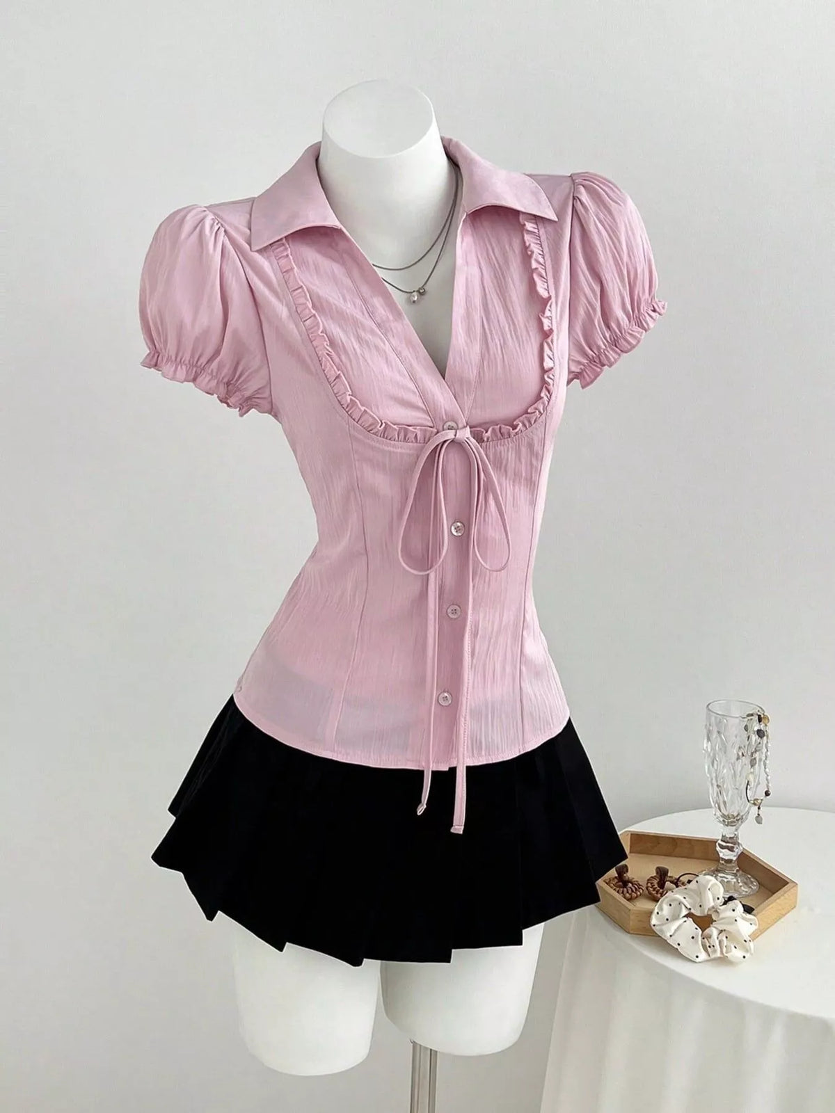 Frill Button Up Short Sleeve Shirt in Pink