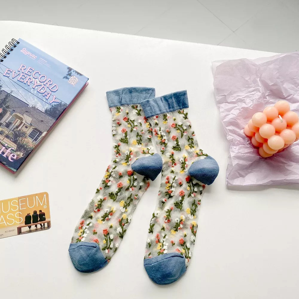 Floral Sheer Crew Socks 5 Pair Set