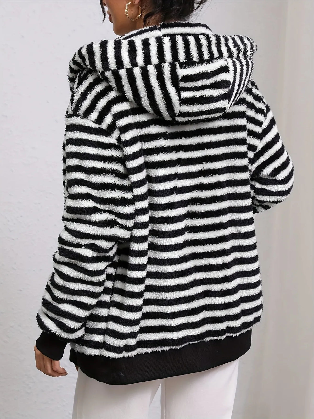 Striped Fuzzy Zip Up Hooded Outerwear in Black, view 2