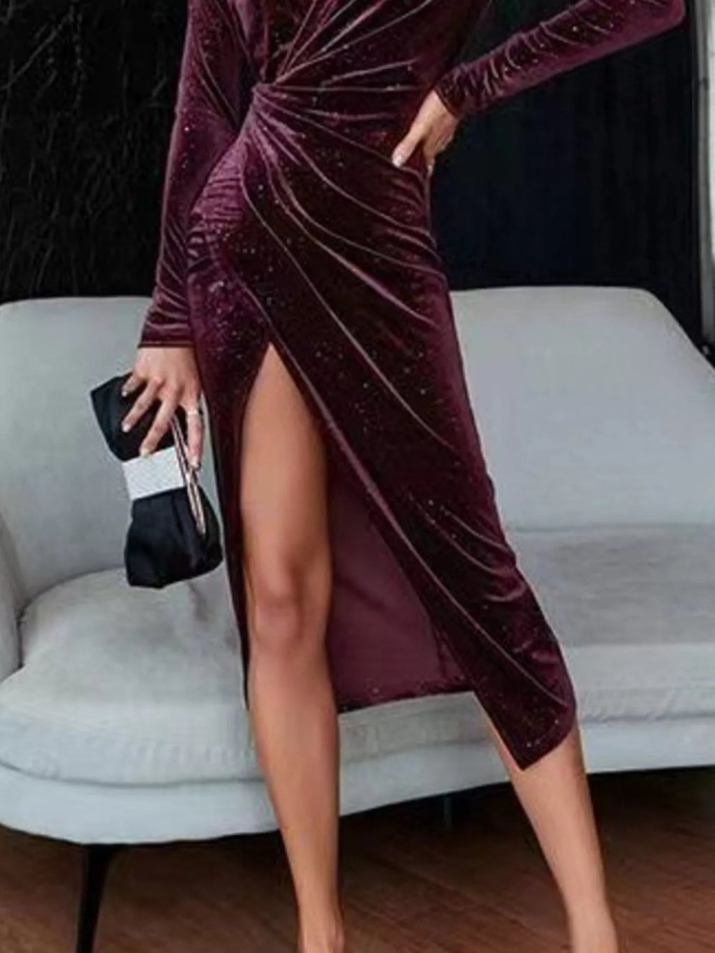 Velvet Ruched Slit Midi Dress - Lilixa.store
