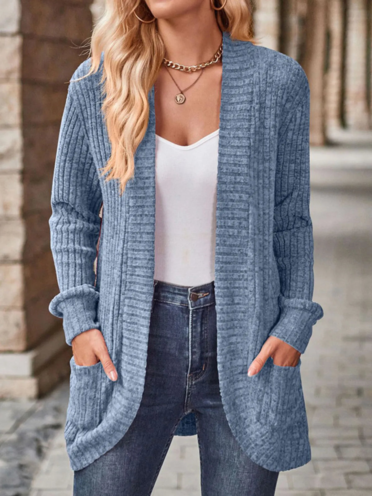 Ribbed Knit Open Front Cardigan with Pockets