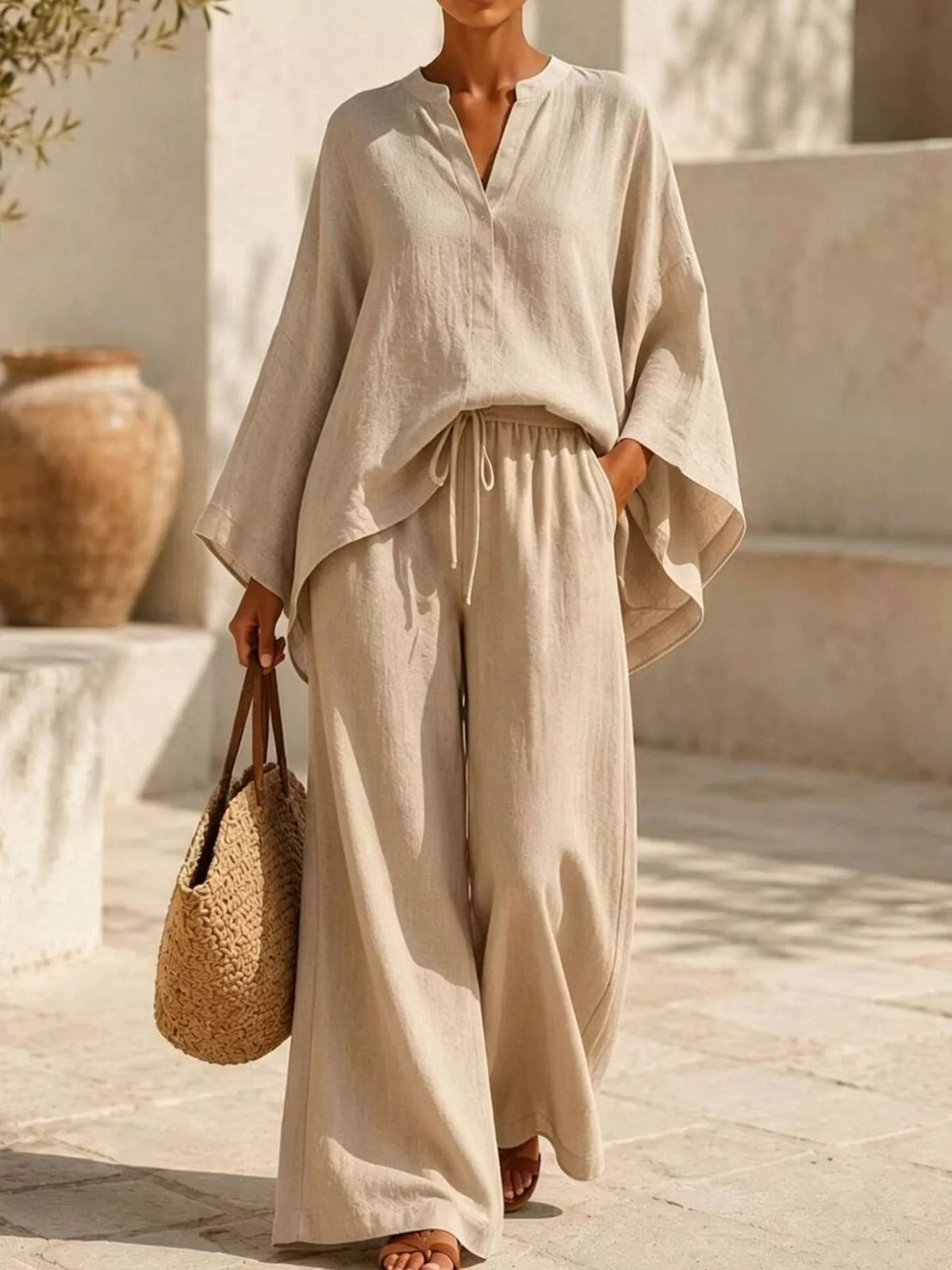 Full Size Loose Fit Top and Wide-Leg Pants Set Plus Size in Khaki