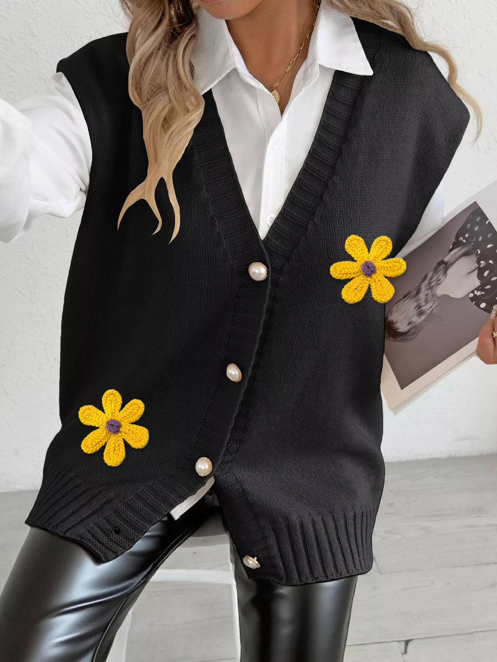 Flower V-Neck Sleeveless Cardigan - Lilixa.store