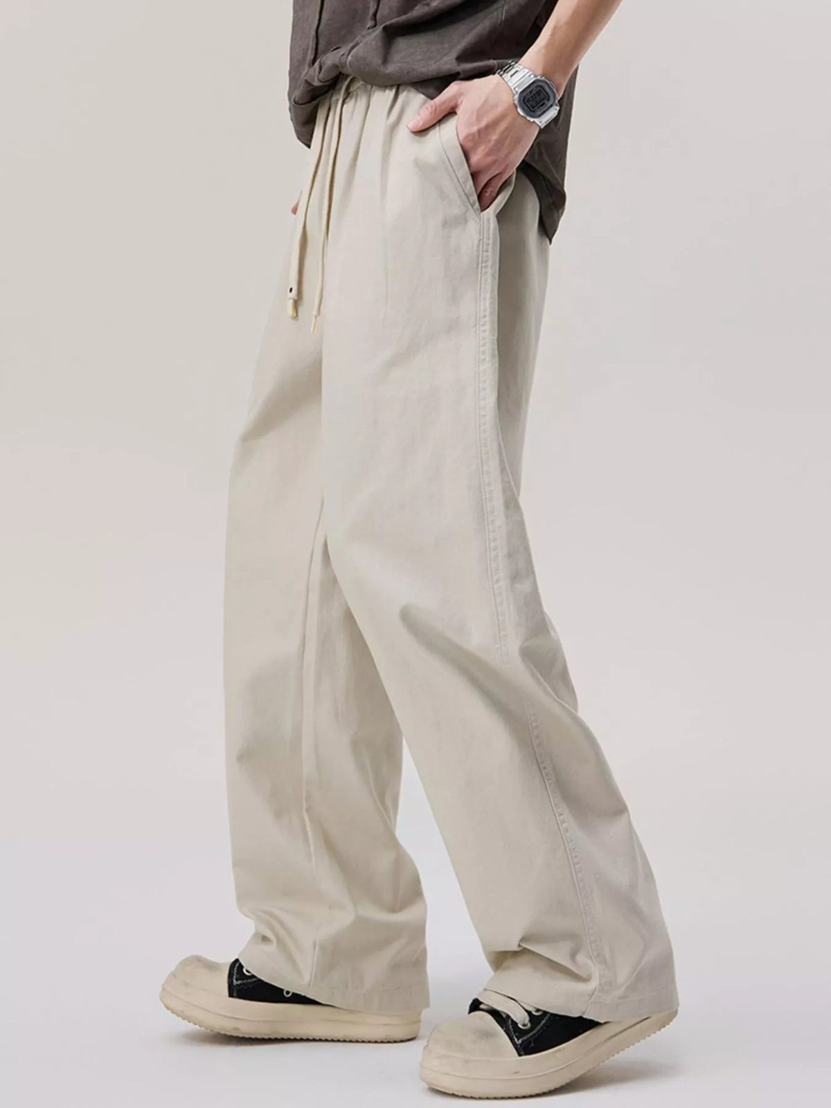 Men's Casual Wide-Leg Drawstring Pants in Off-white, view 2