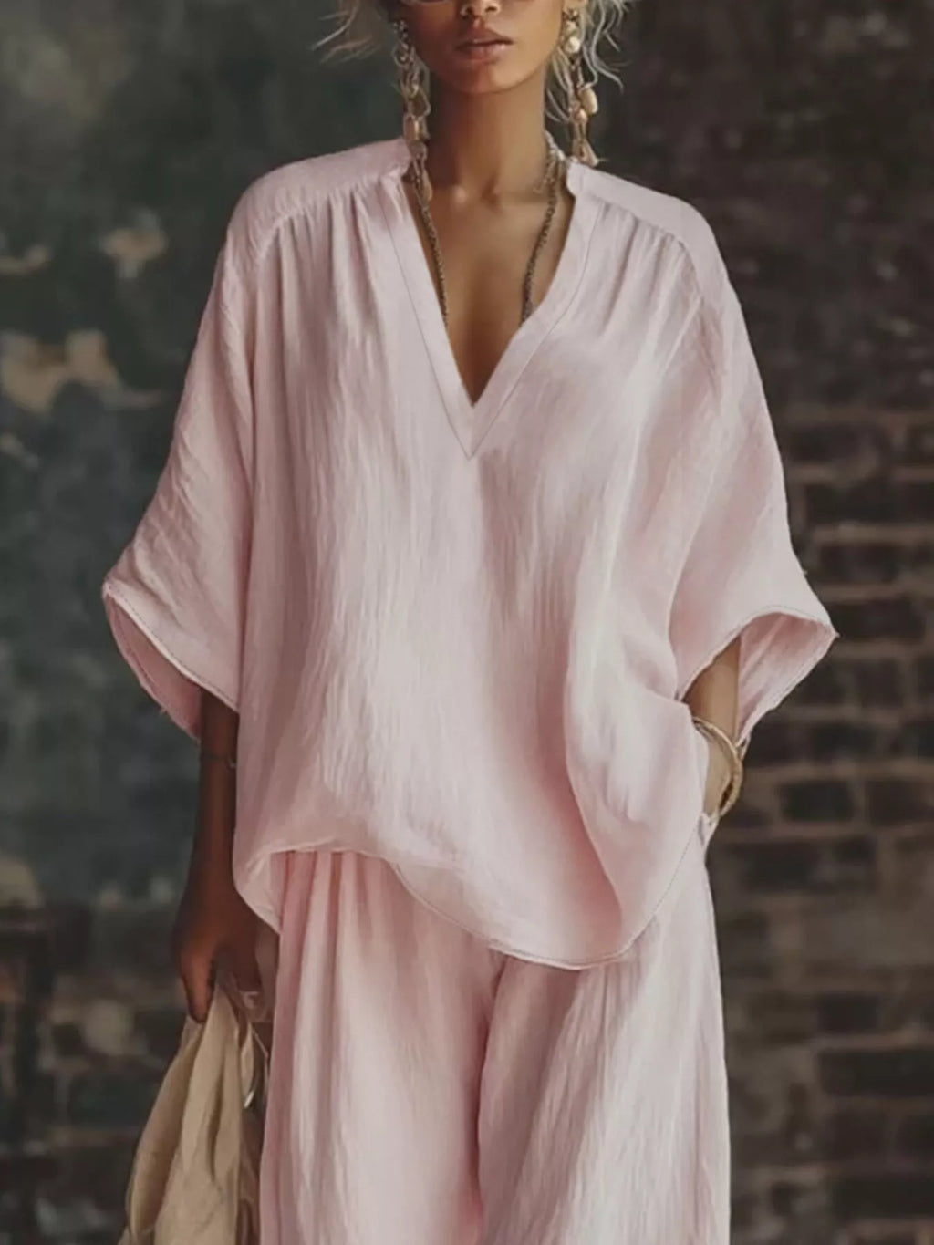 Loose Fit Notched Top and Pants Set - Lilixa.store