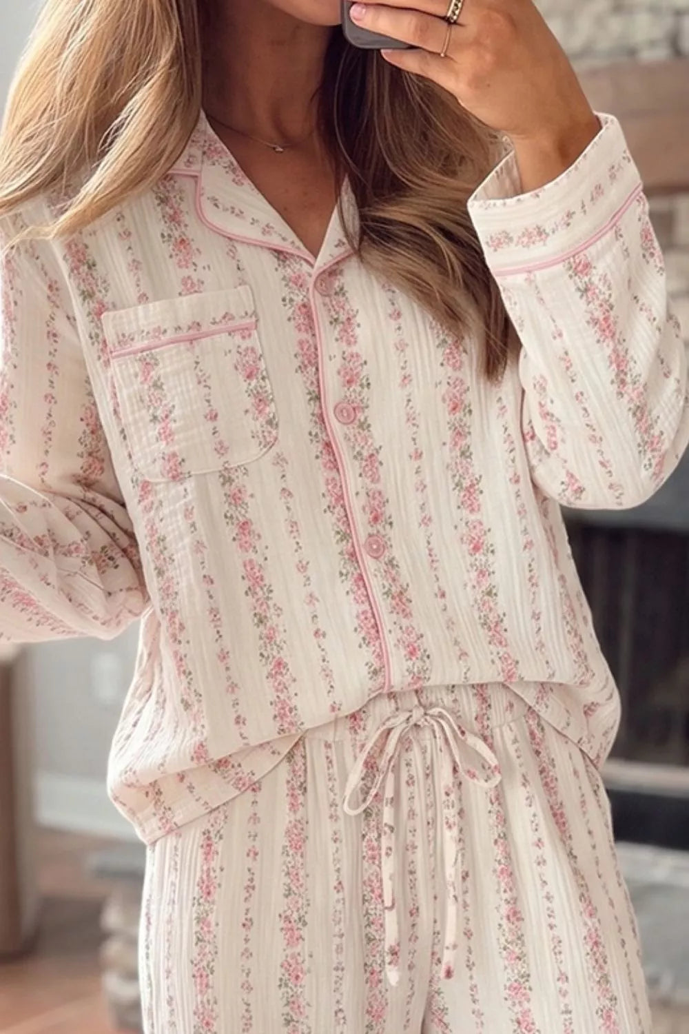 Floral Print Button-Down Top and Pants Loungewear Set - Lilixa.store