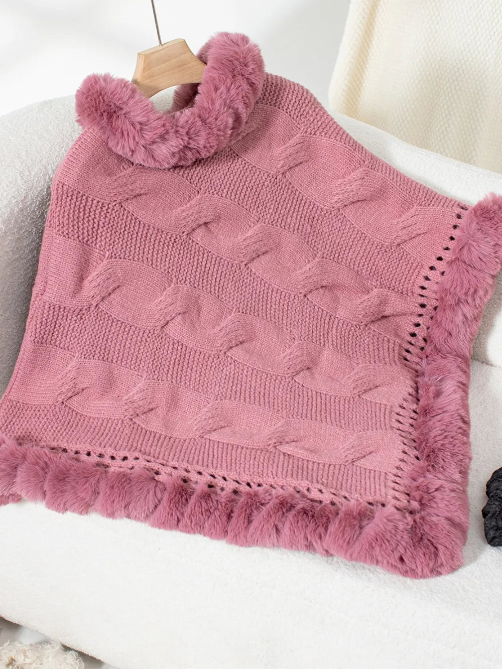 Fuzzy Hem Cable-Knit Poncho - Lilixa.store