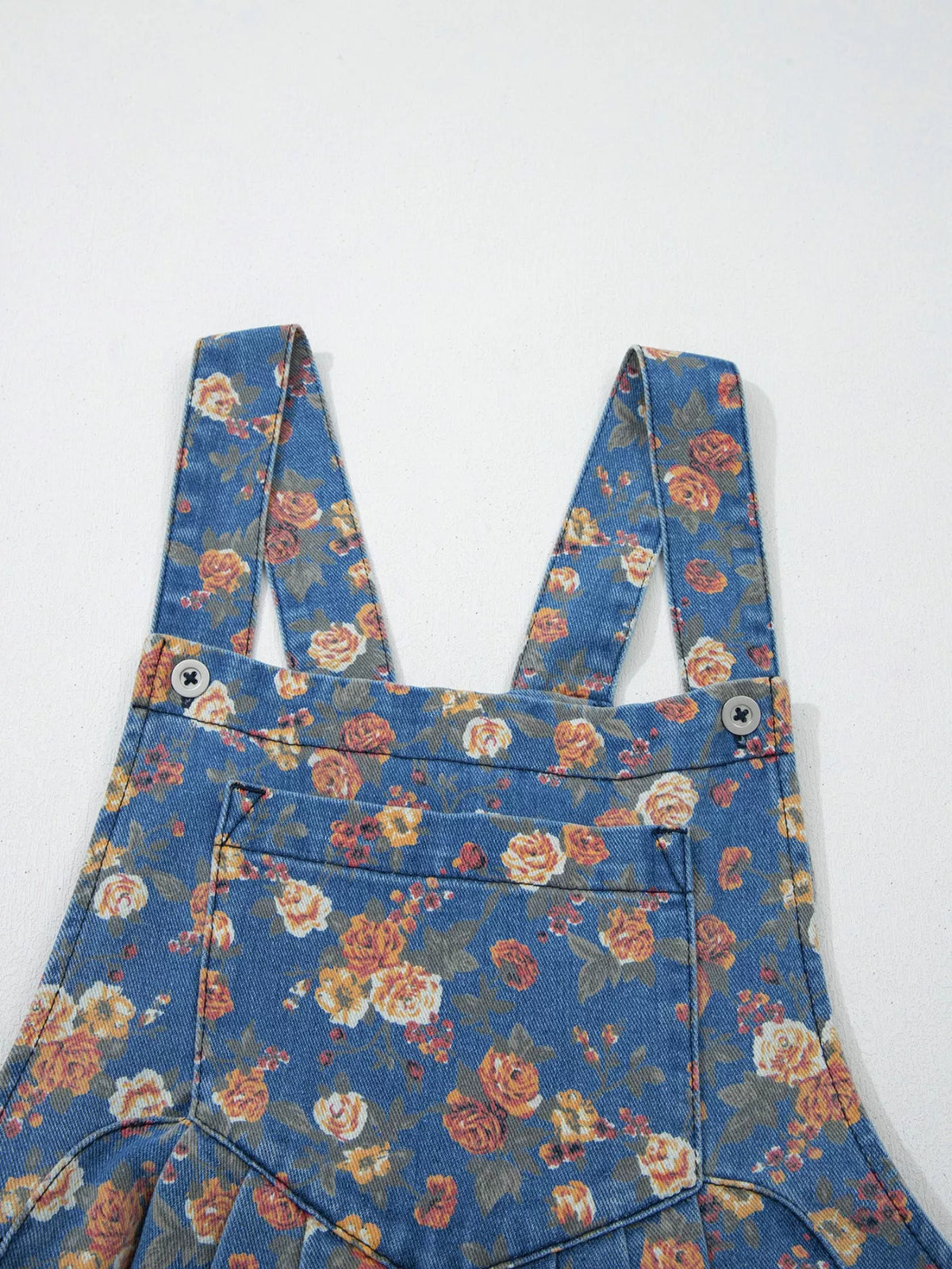 Floral Print Wide Leg Denim Overalls in Light Blue, view 8