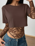 Lace Patchwork Round Neck Bodysuit - Lilixa.store