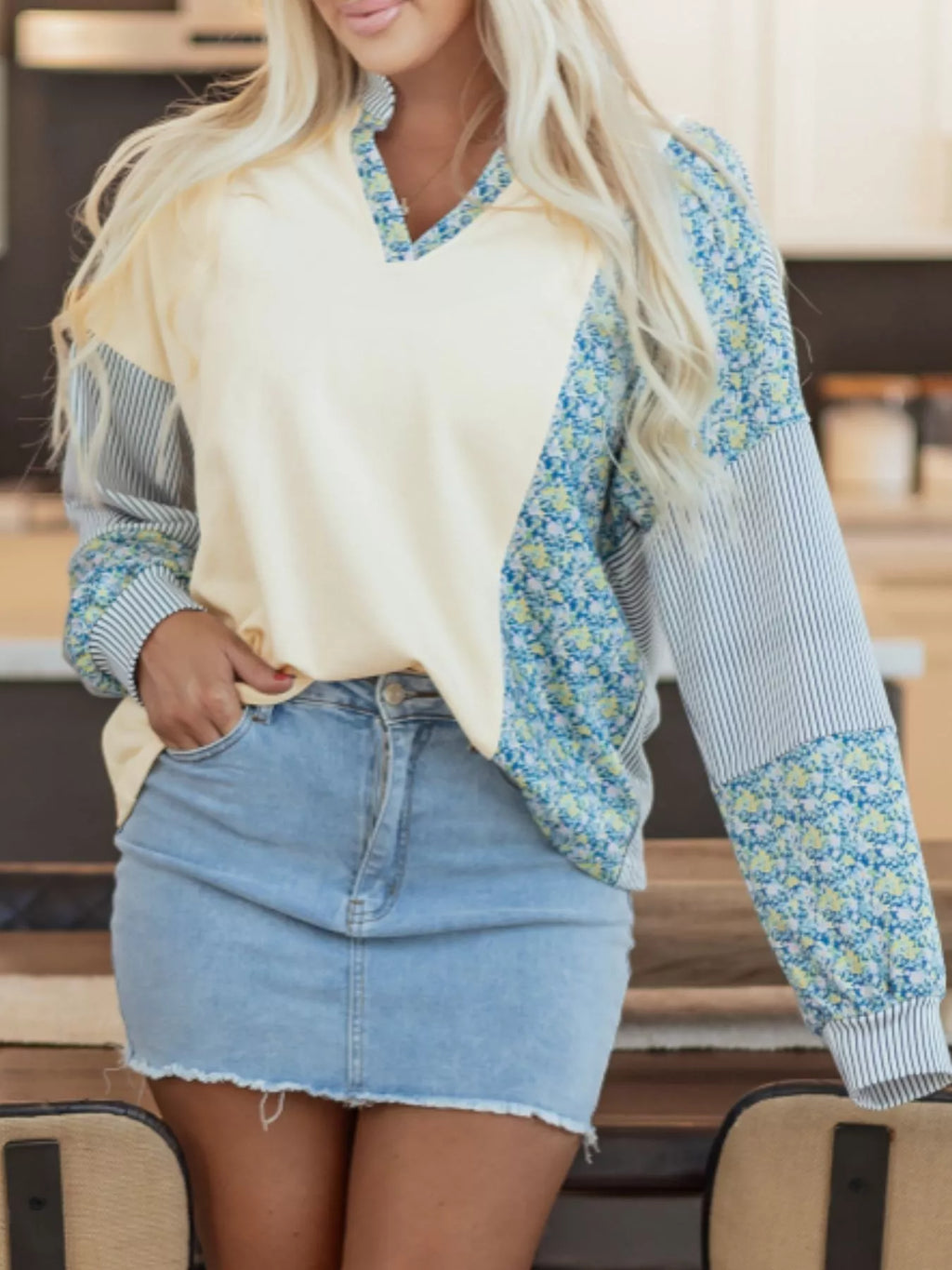 Floral Striped Drop Sleeve Collared Boxy Fit Sweatshirt - Lilixa.store