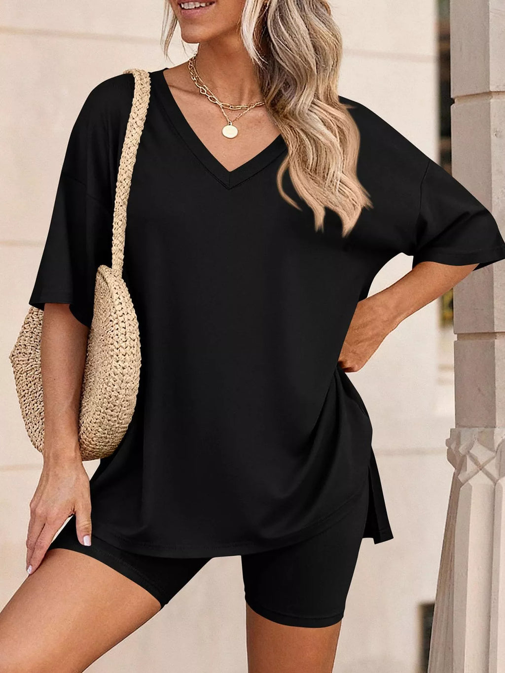 Full Size Casual Loose V-Neck T-Shirt & Shorts Set Plus Size - Lilixa.store