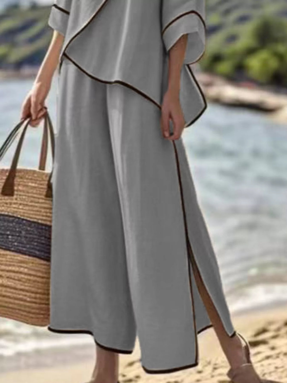 Full Size Contrast Trim Top and Wide Leg Pants Set Plus Size - Lilixa.store