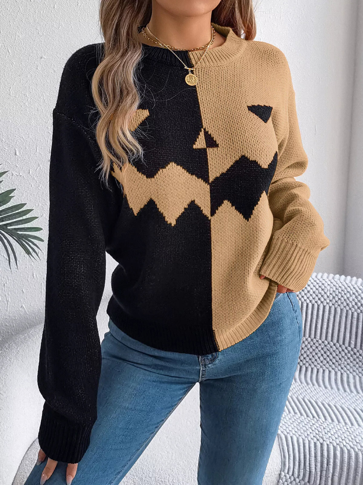 Pumpkin Face Graphic Two Tone Sweater