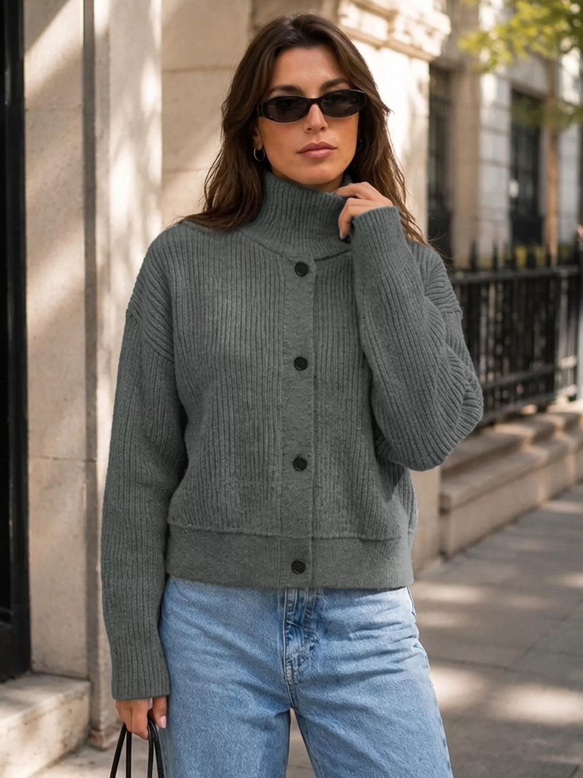 Turtleneck Button-Down Cardigan - Lilixa.store