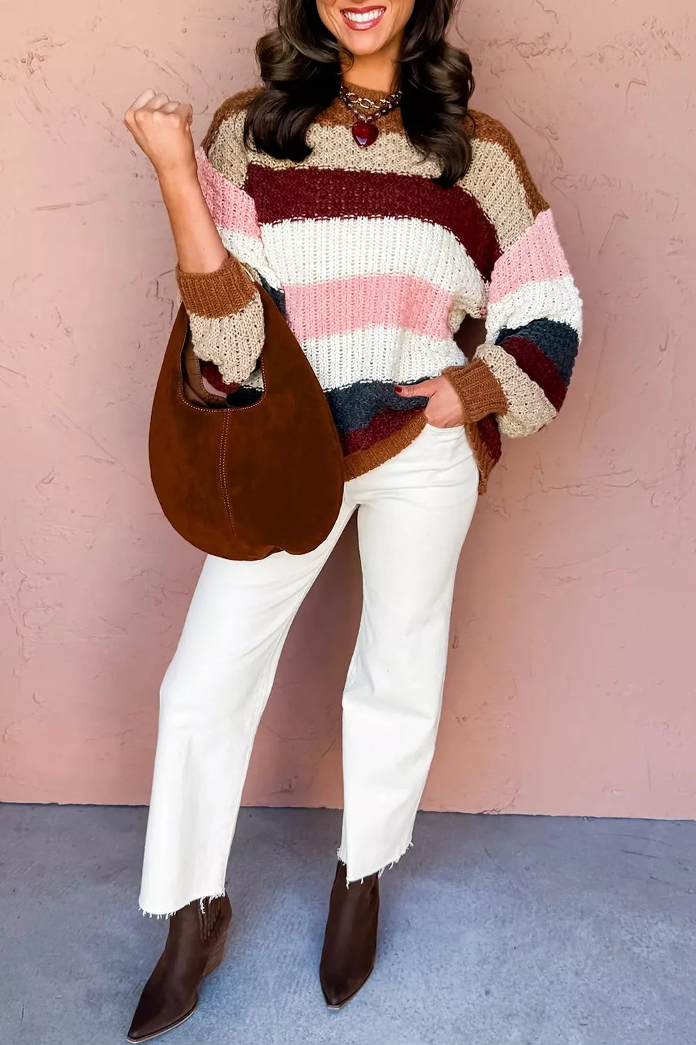 Striped Knit Dropped Shoulder Round Neck Sweater