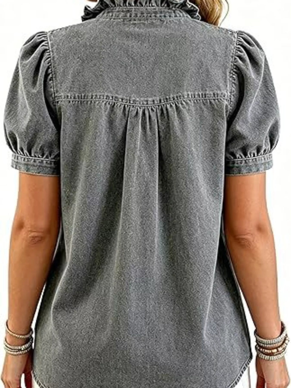 Frill Puff Sleeve Denim Top - Lilixa.store