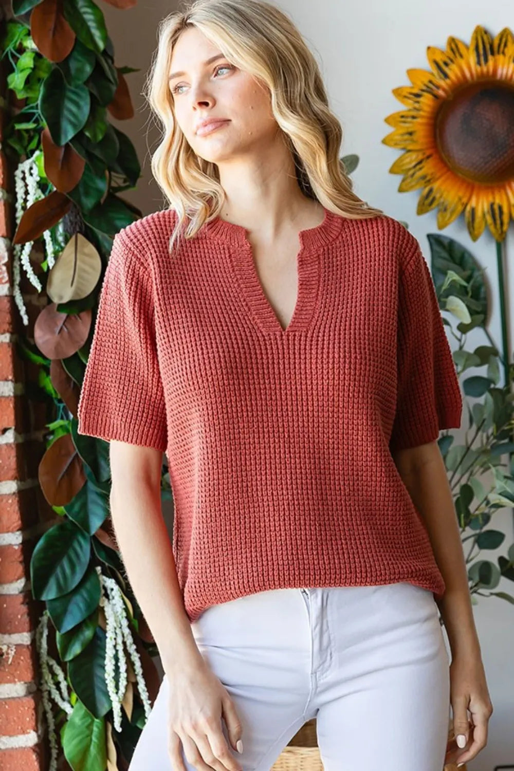 First Love Notched Short Sleeve Knit Top - Lilixa.store