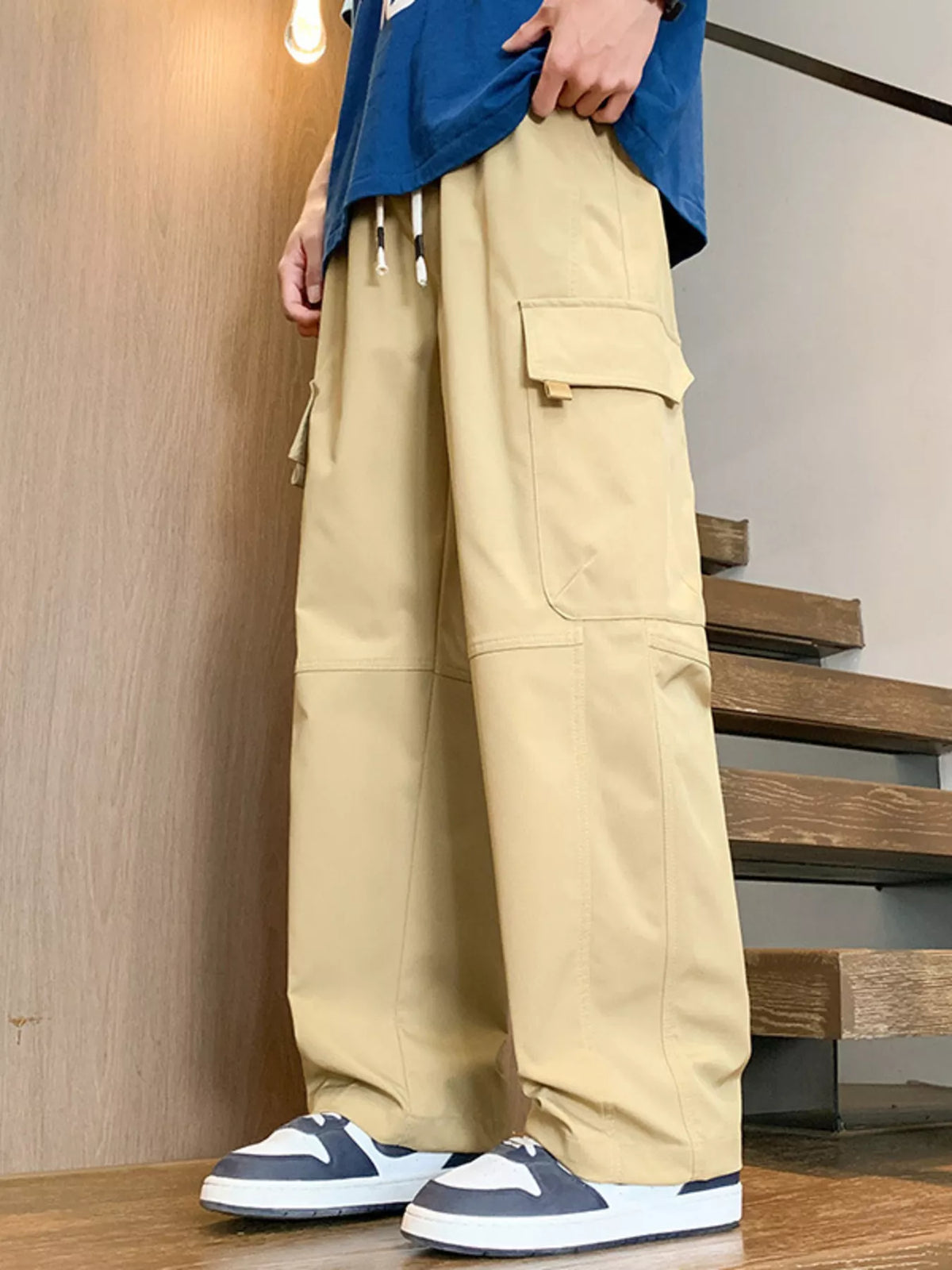 Men's Plus Size Loose Fit Cargo Pants with Drawstring in Khaki