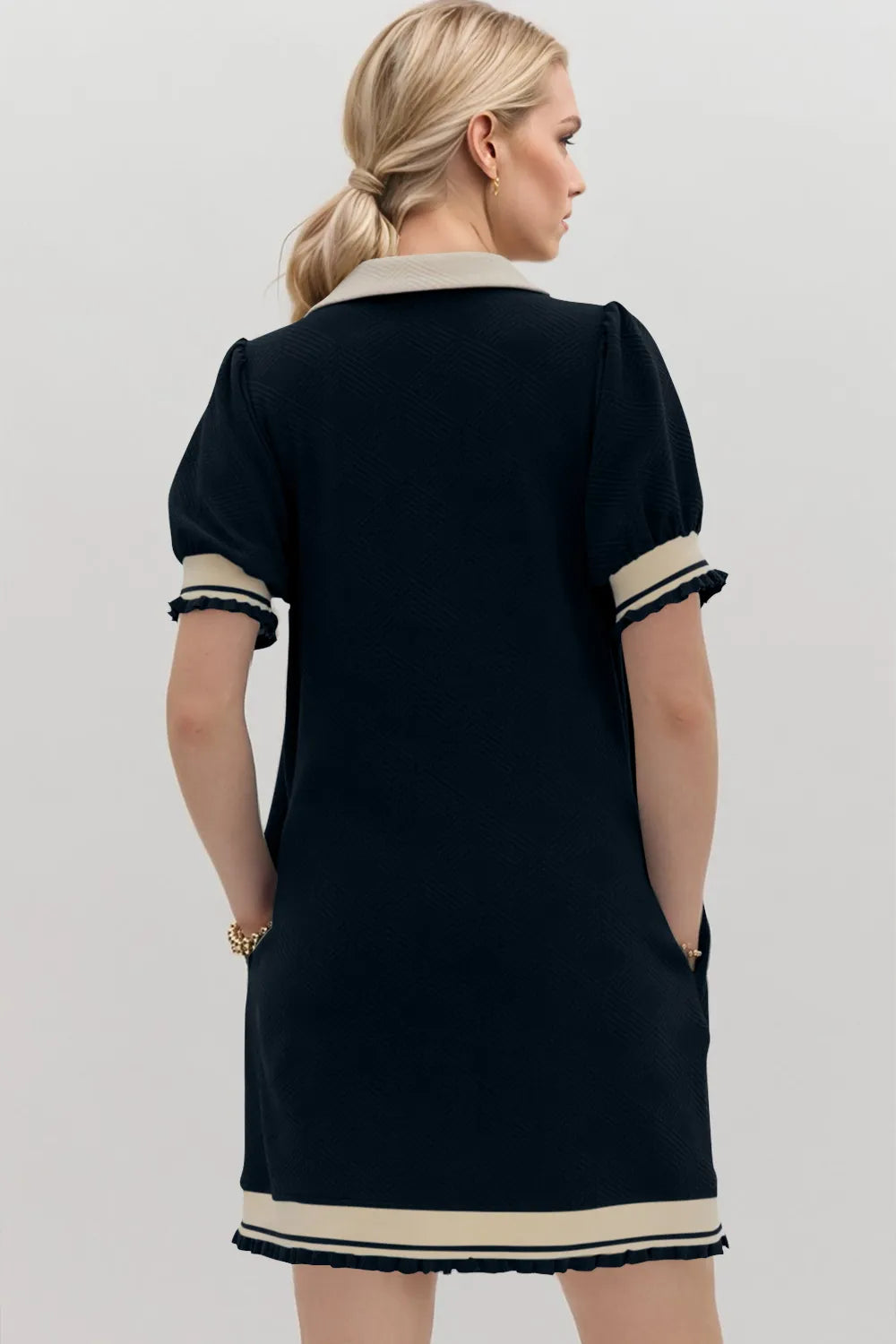 Oh Frill Contrast Trim Johnny Collar Short Sleeve Mini Dress in Black, view 4