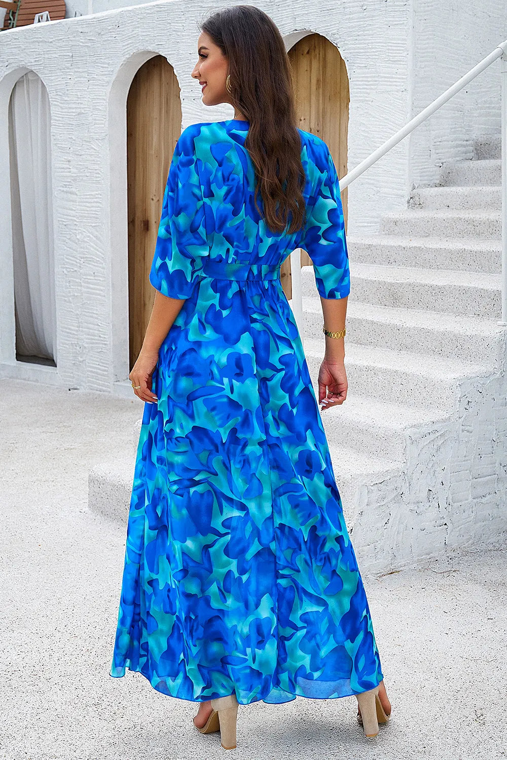 Devine Printed Tied Half Sleeve Slit Dress - Lilixa.store