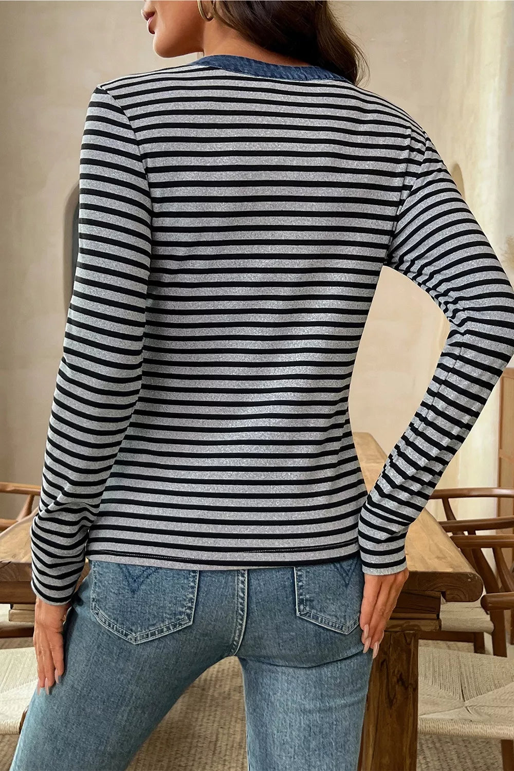 Stripe Denim Contrast Collar Half Button Long Sleeve Top - Lilixa.store