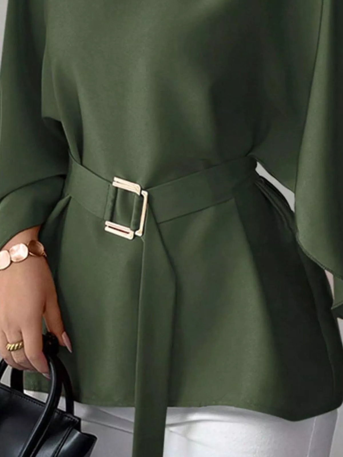 Round Neck Belt Batwing Sleeve Blouse - Lilixa.store