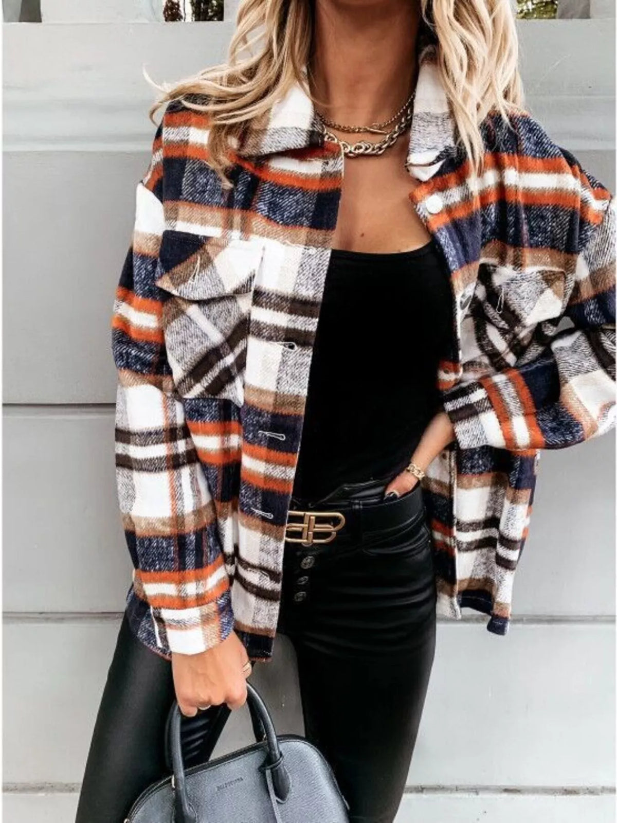 Plaid Button-Down Long Sleeve Shacket in Orange