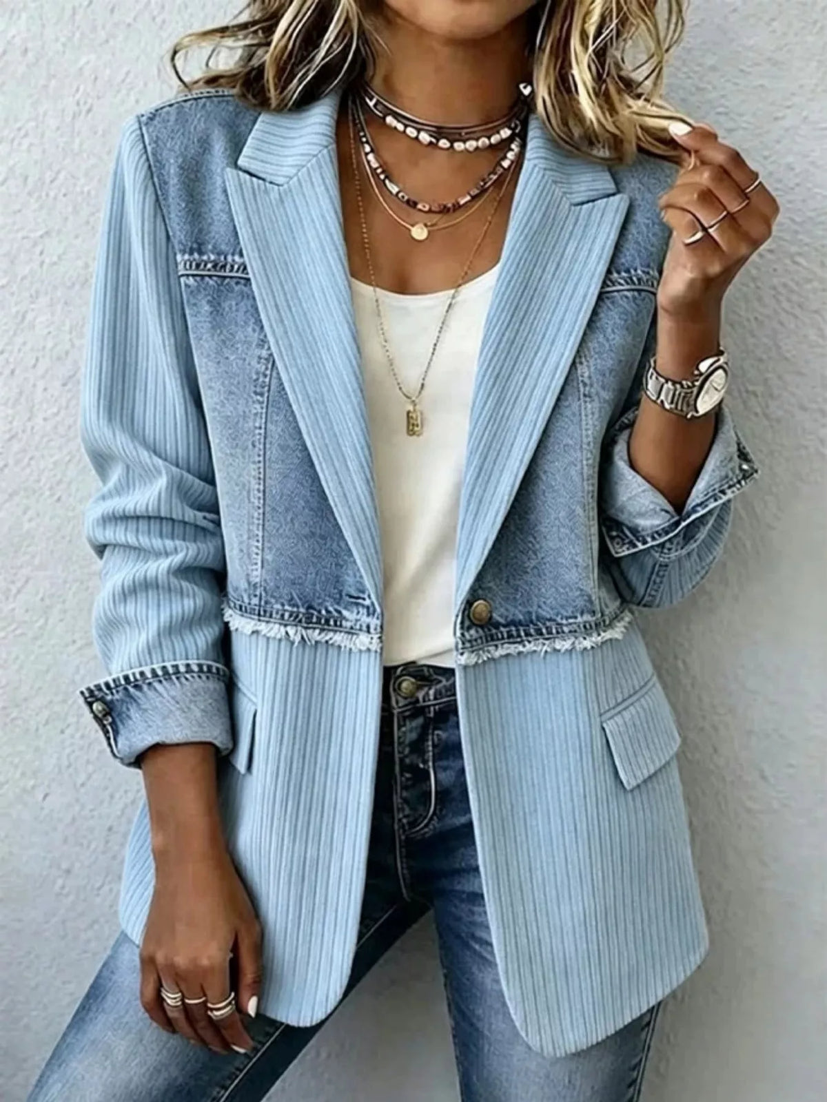 Full Size Patchwork Denim Ribbed Blazer Plus Size - Lilixa.store