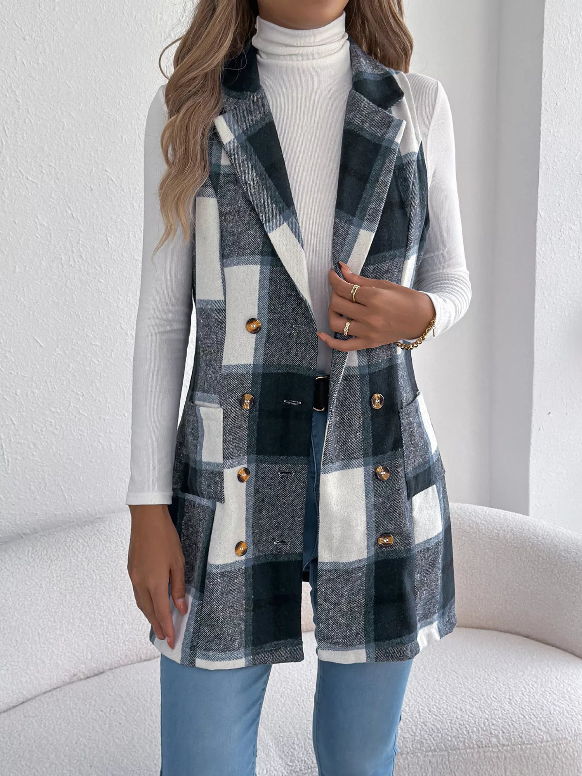 Plaid Double-Breasted Vest Coat - Lilixa.store