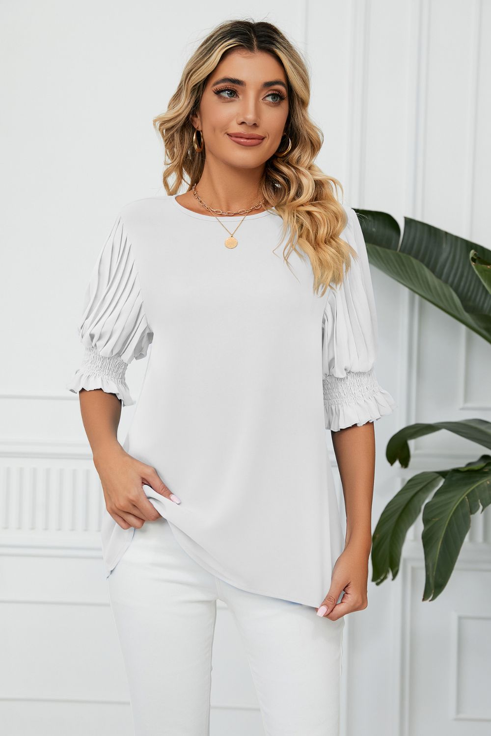 Pleated Flounce Sleeve Keyhole Blouse - Lilixa.store