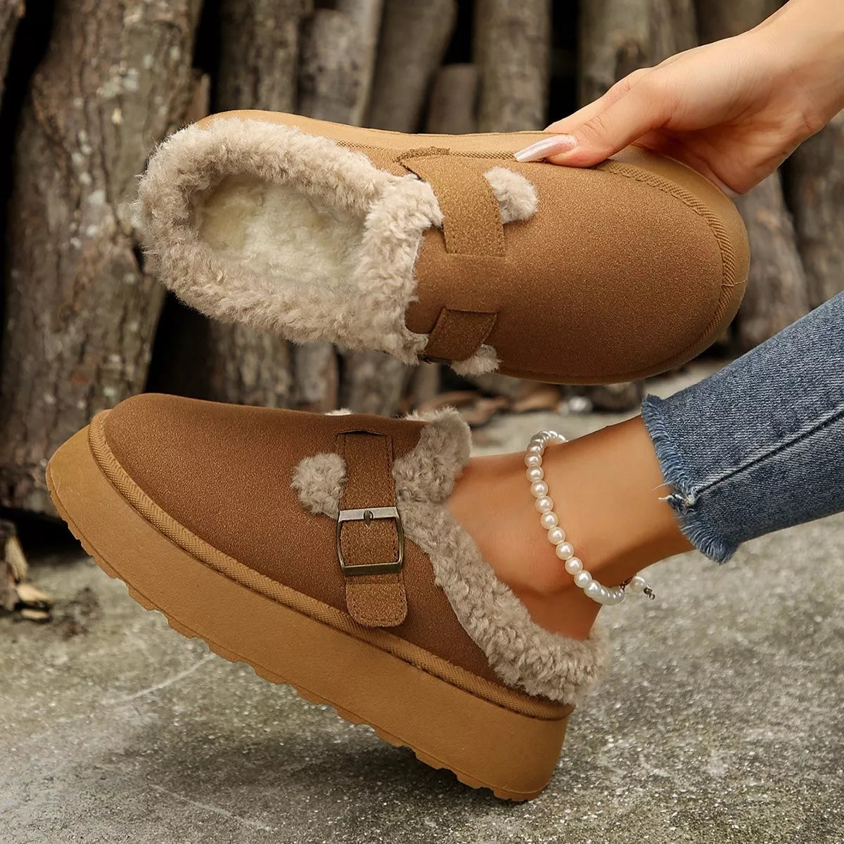 Fuzzy Trim Buckle Platform Slippers - Lilixa.store