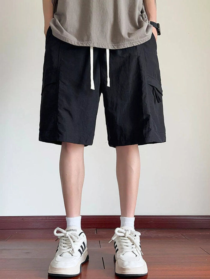 Men's Plus Size Cargo Shorts with Drawstring in Black