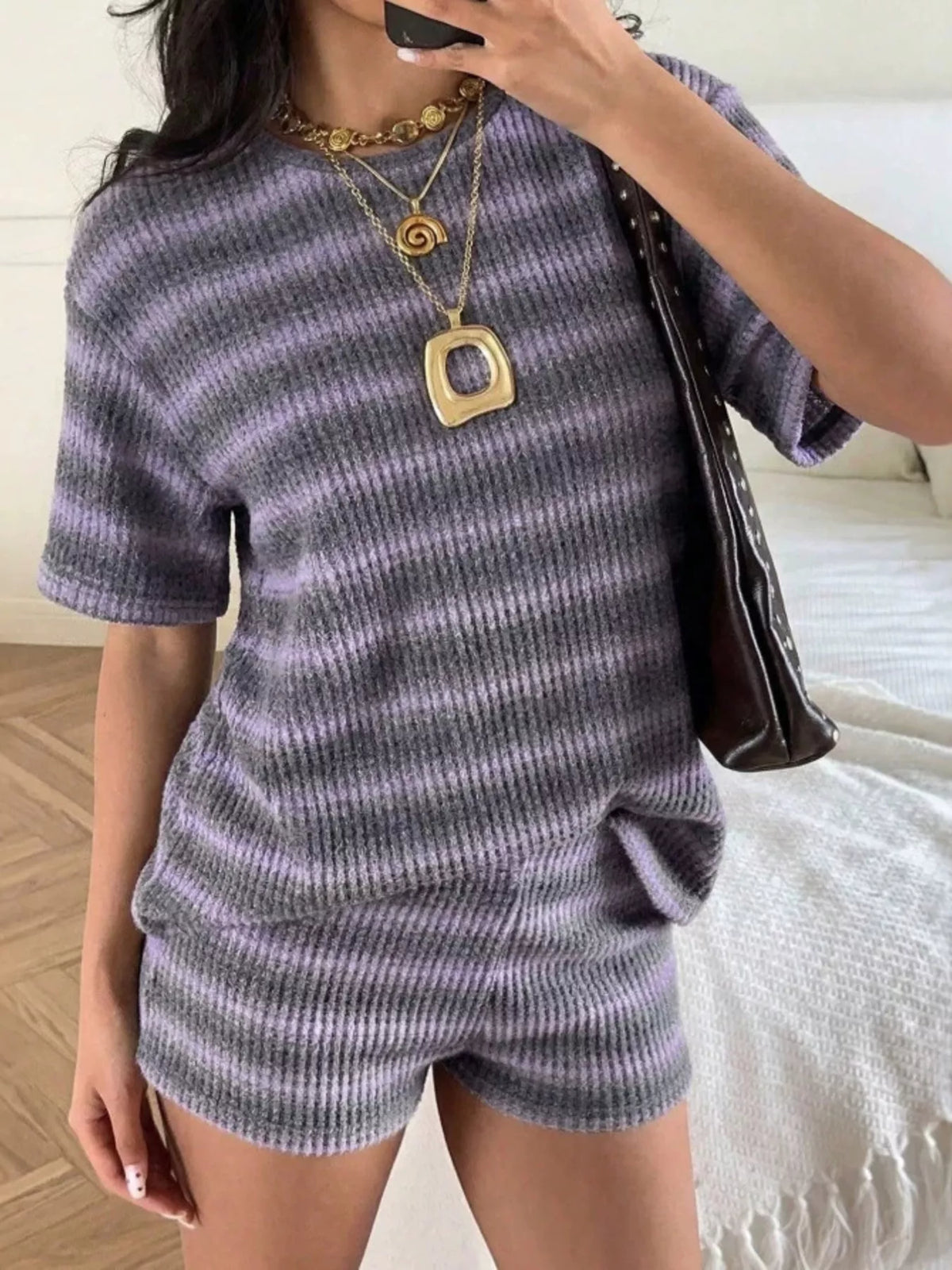 Striped Textured Knit Top and Shorts Set, view 19
