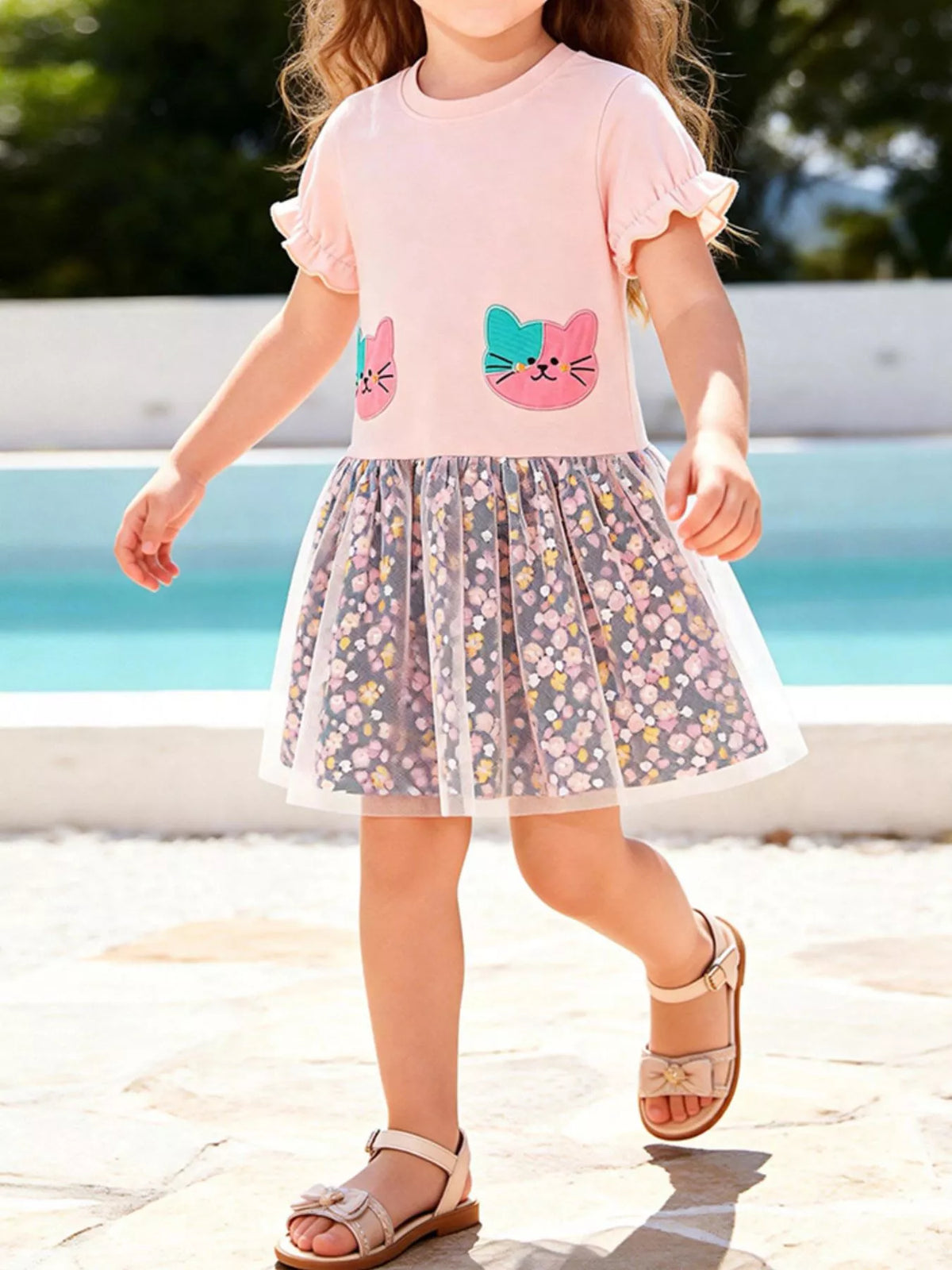 Children's Cat Embroidered Floral Tulle Dress - Lilixa.store