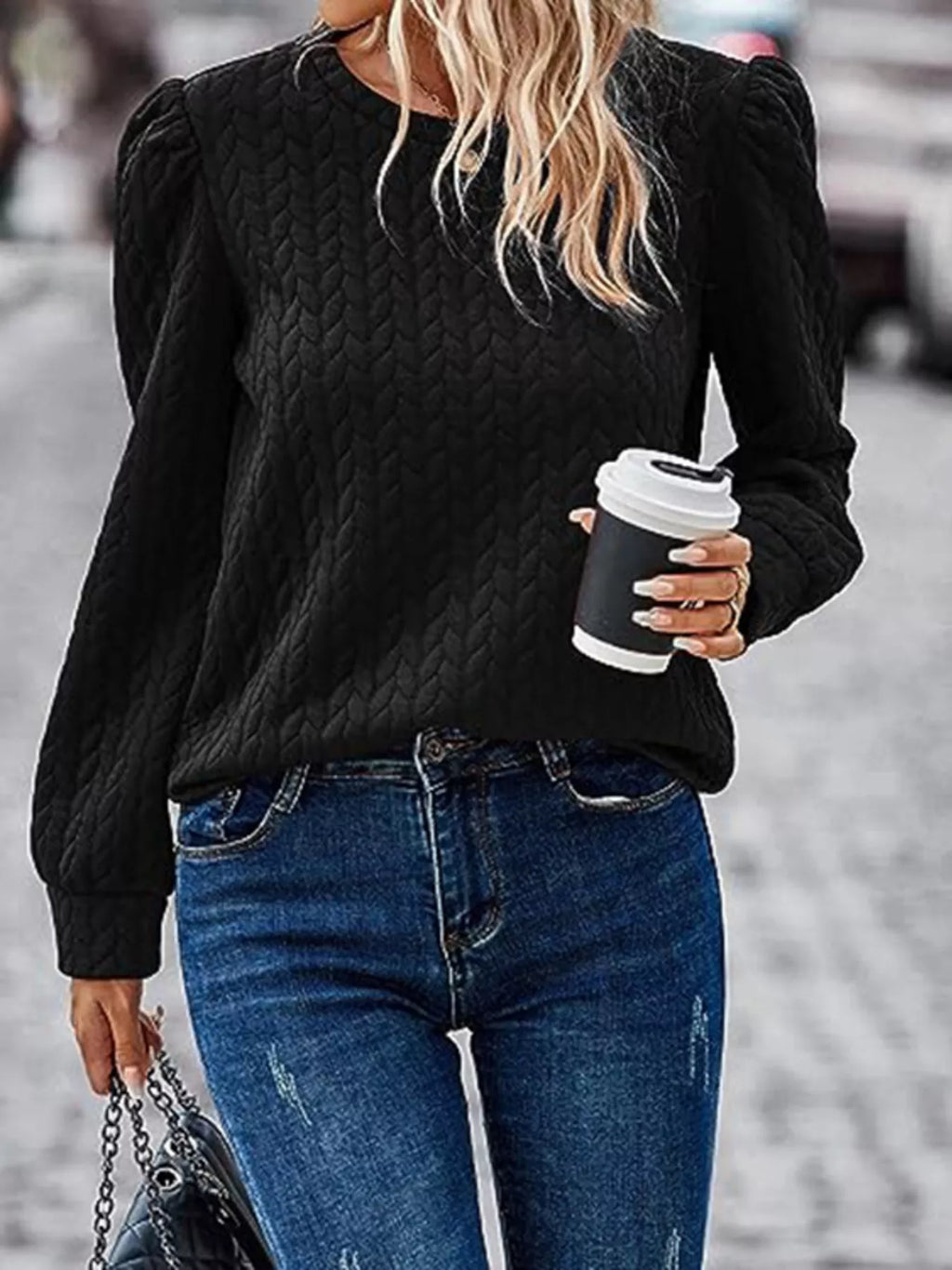 Texture Round Neck Long Sleeve Sweatshirt - Lilixa.store