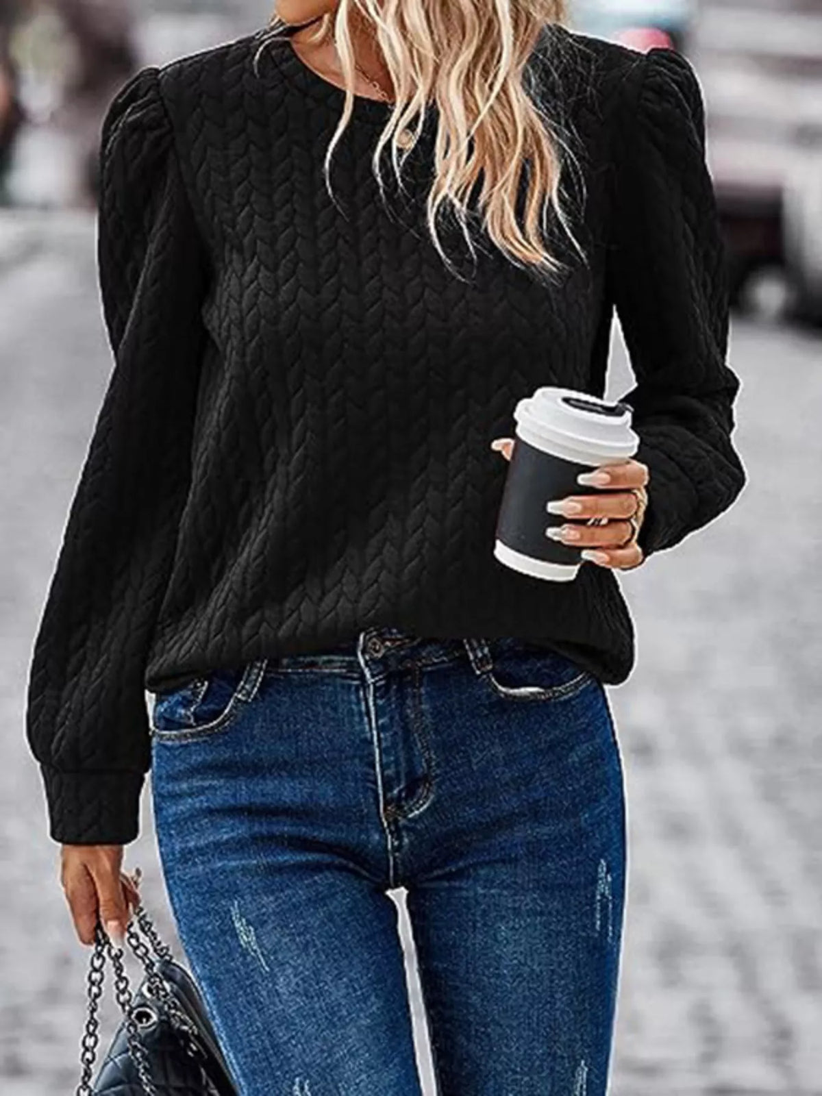 Texture Round Neck Long Sleeve Sweatshirt - Lilixa.store