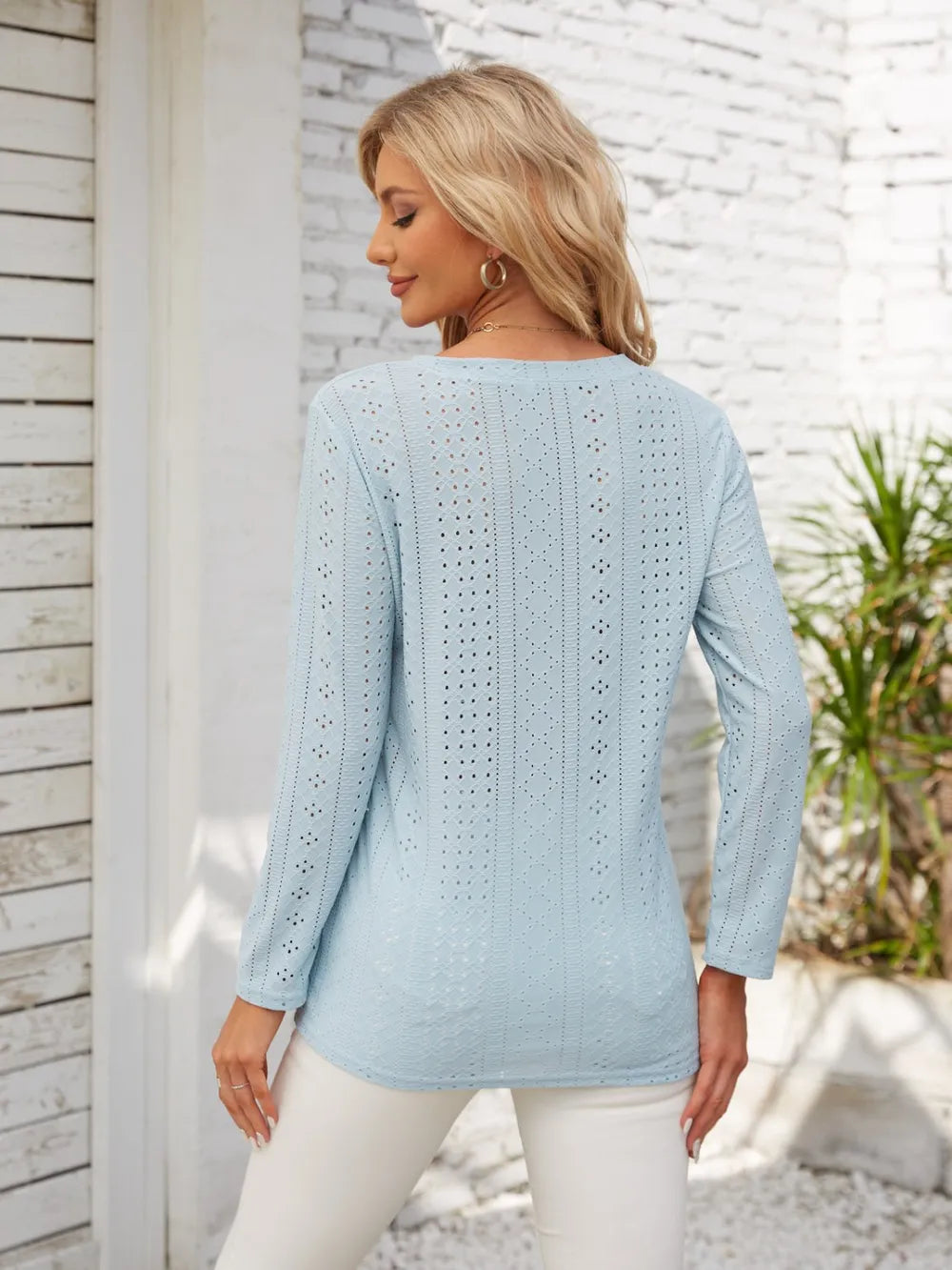 Decorative Button Openwork V-Neck T-Shirt - Lilixa.store