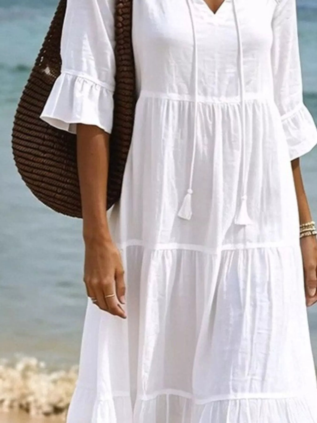 Full Size Tiered Tie Neck Flounce Sleeve Dress Plus Size - Lilixa.store
