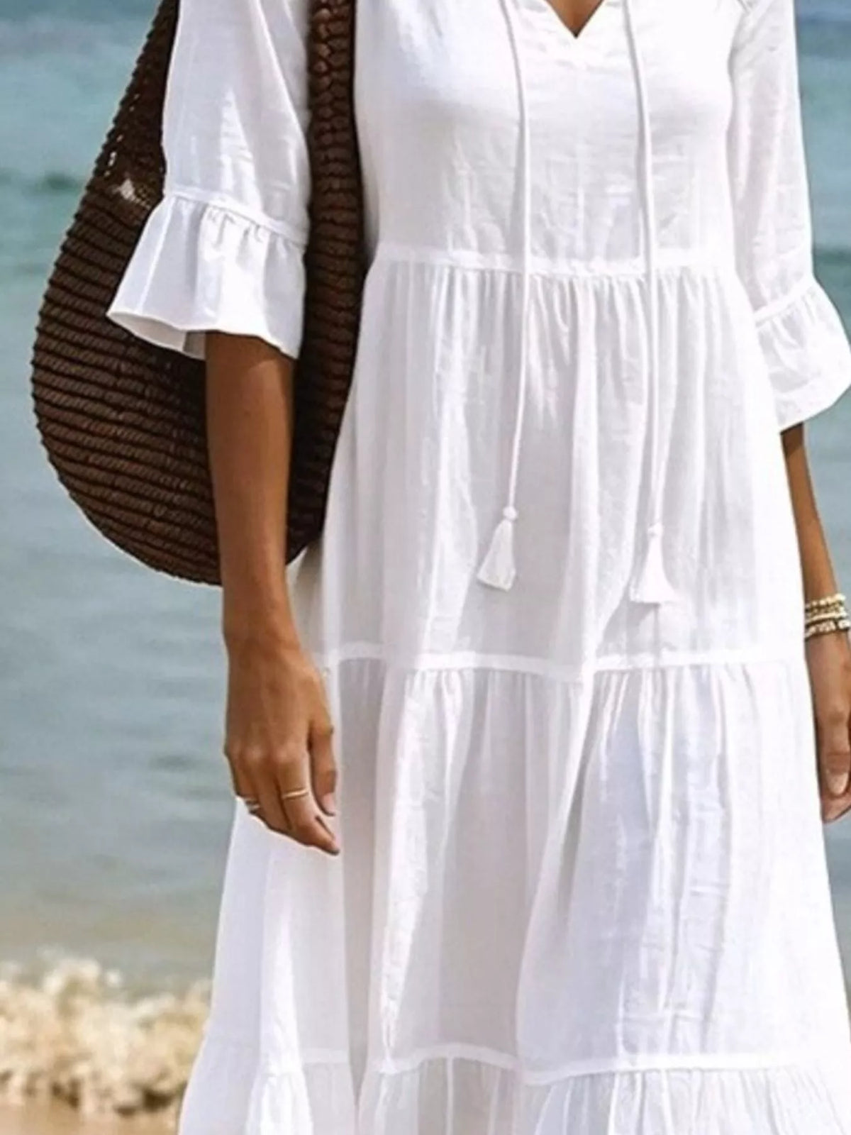 Full Size Tiered Tie Neck Flounce Sleeve Dress Plus Size - Lilixa.store