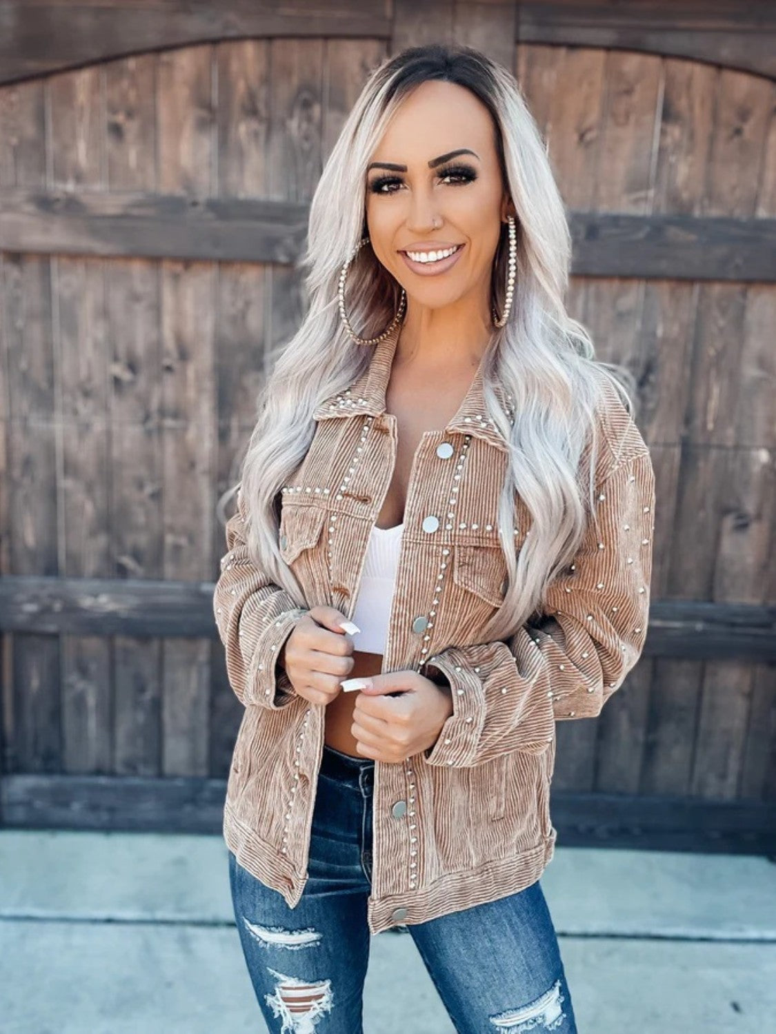 Studded Collared Neck Button Down Jacket, view 2