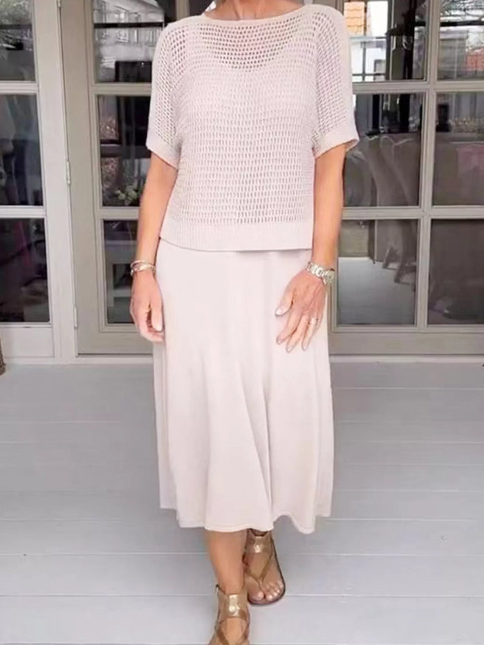 Full Size Openwork Knit Cover Up and Dress Set Plus Size in Eggshell