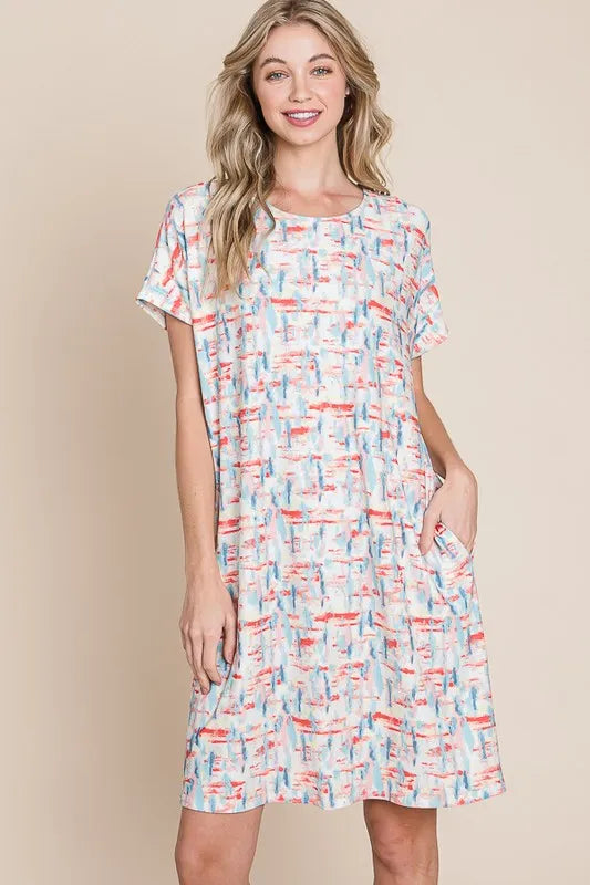 BOMBOM Printed Round Neck Short Sleeve Tee Dress - Lilixa.store