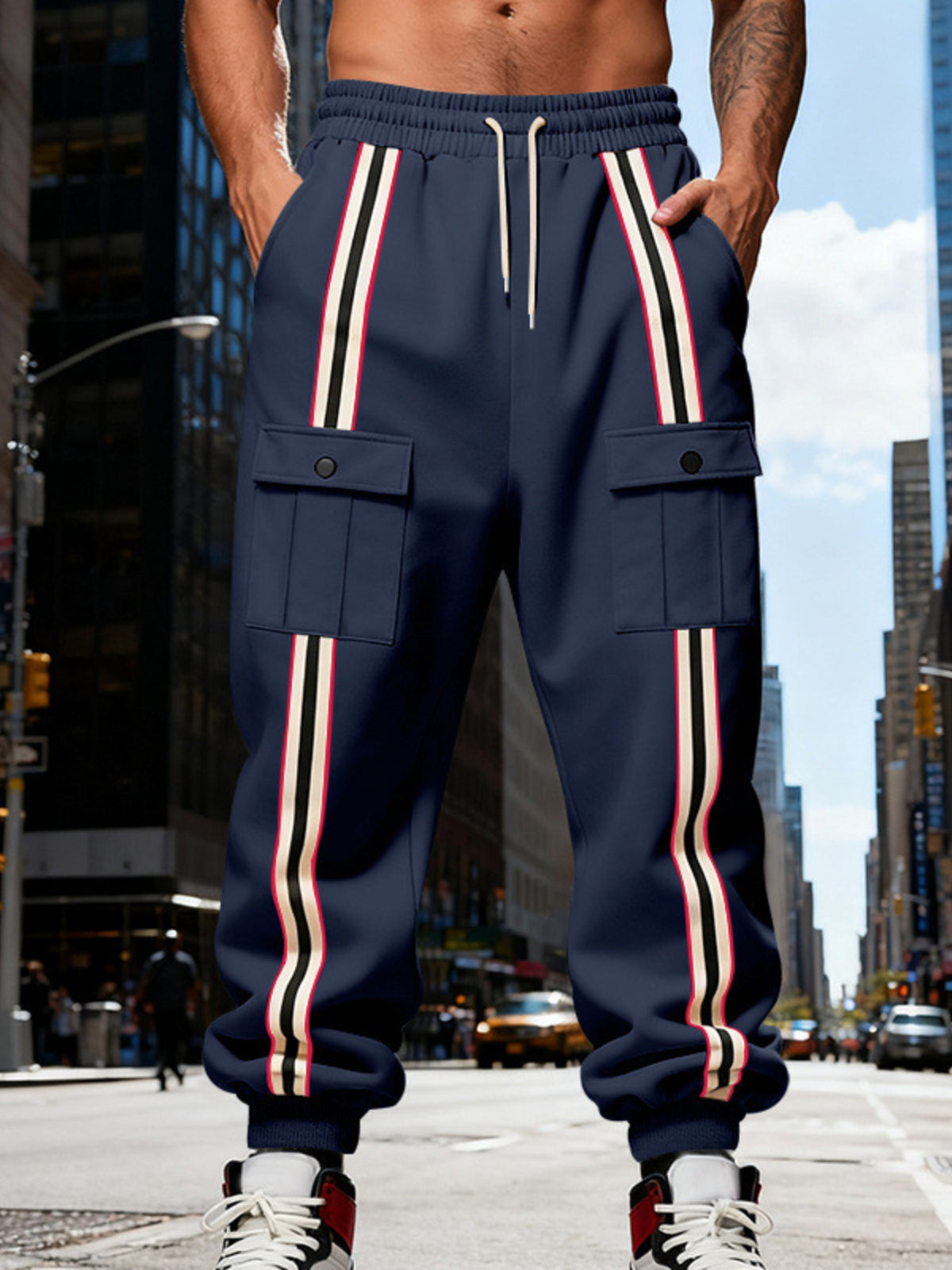 Men's Full Size Casual Striped Cargo Joggers Plus Size