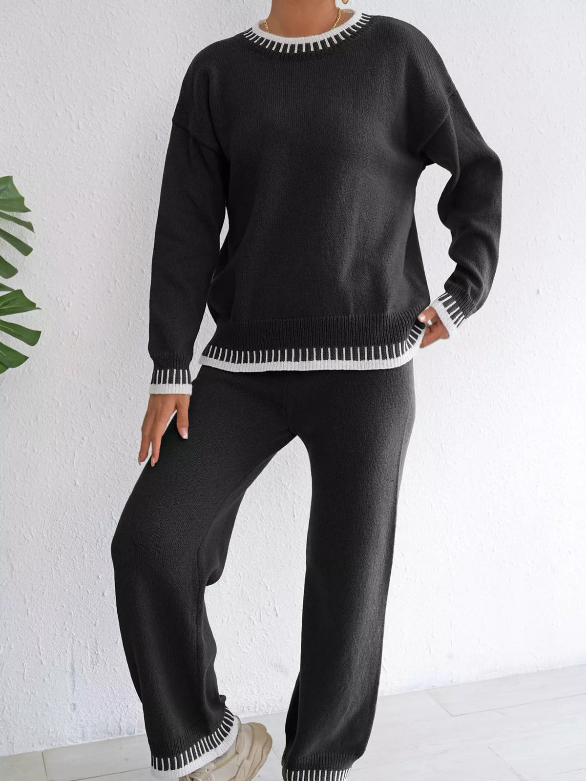 Contrast Trim Crew Neck Sweater and Pants Set