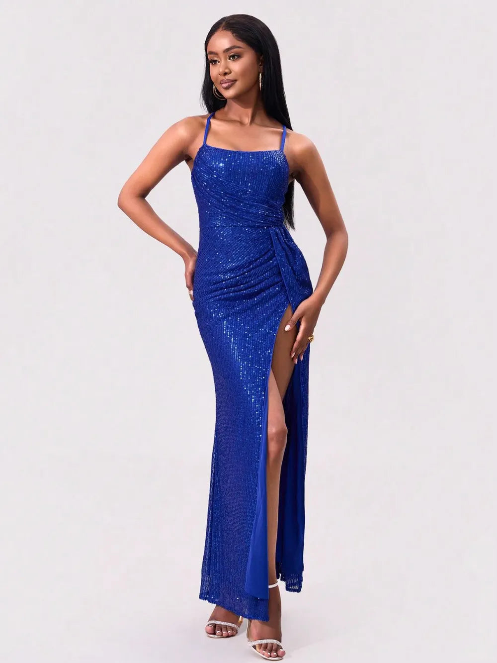 Slit Sequin Square Neck Spaghetti Strap Dress - Lilixa.store